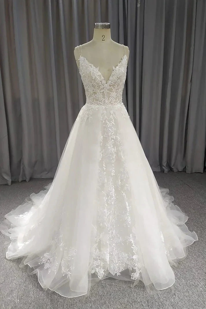 A Line Spaghetti Straps Wedding Dress With Applique, Simple V Neck Bridal Gown Y5601 by simplepromdress