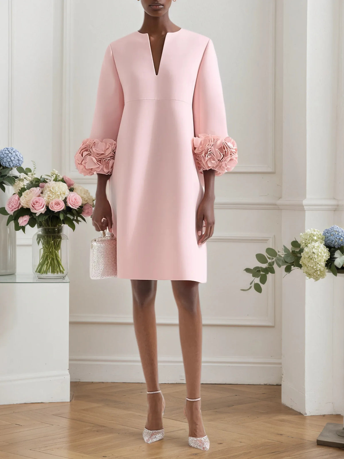 Pink 3D Floral Classic Notched Long Sleeve A-Line Midi Dress - VelvetHem