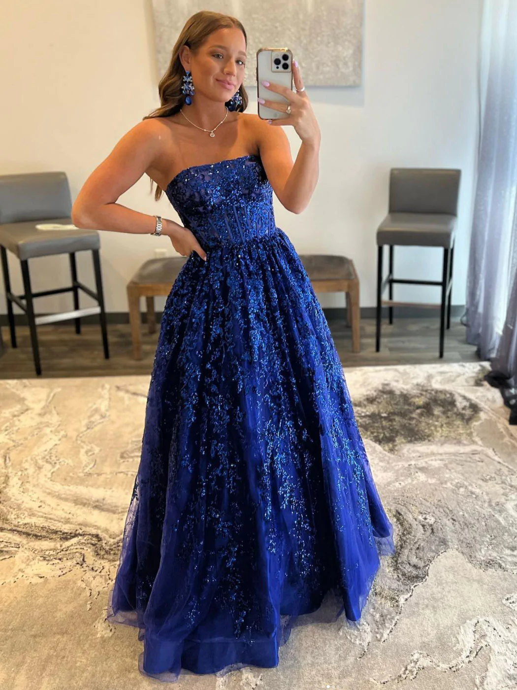 Blue A line tulle sequin long prom dress, blue tulle evening dress Y249 - VelvetHem