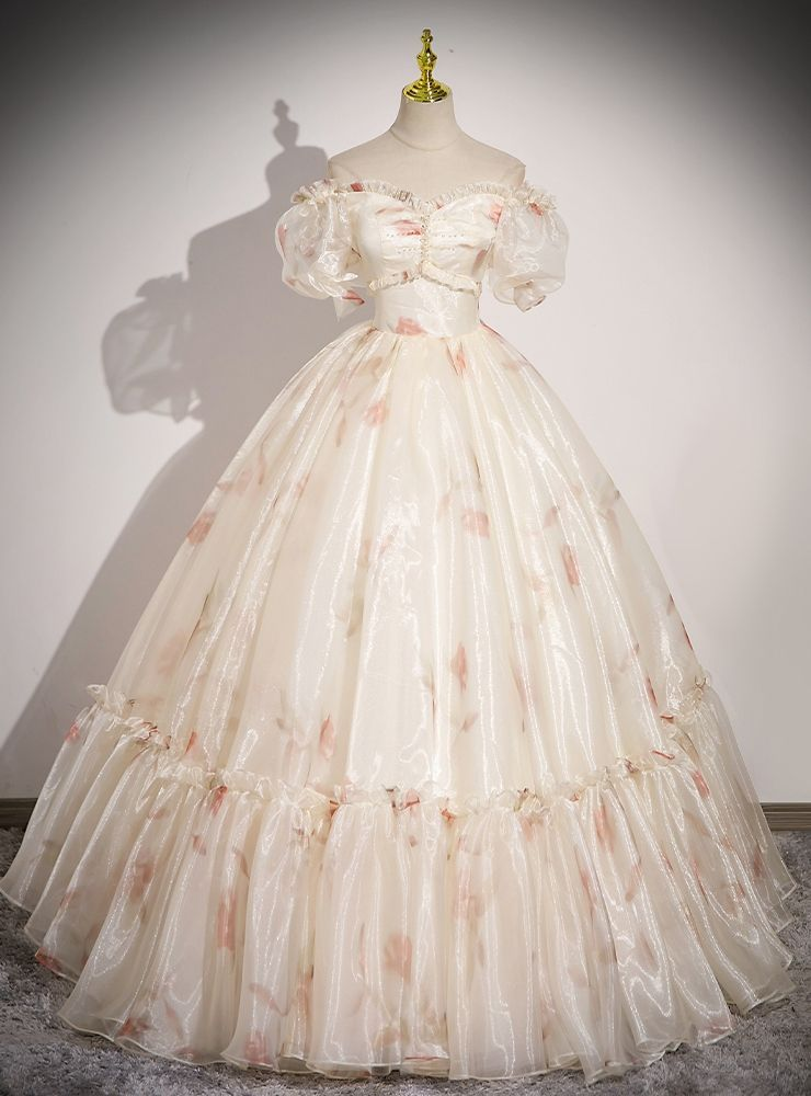 Cute Off The Shoulder Tulle Print Floral A Line Ball Gown Long Prom Dress - VelvetHem