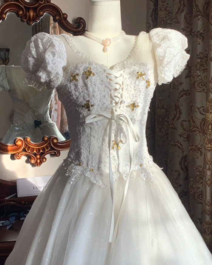 Classy White Ball Gown Tulle Lace Beaded Long Wedding Dress Formal Bridal Dress - View 7 | VelvetHem