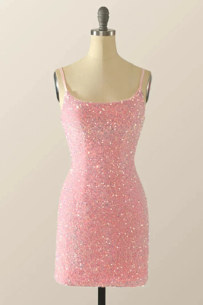 Cute Pink Sequins Homecoming Dress Pink Backless Party Dress Y2041 by simplepromdress