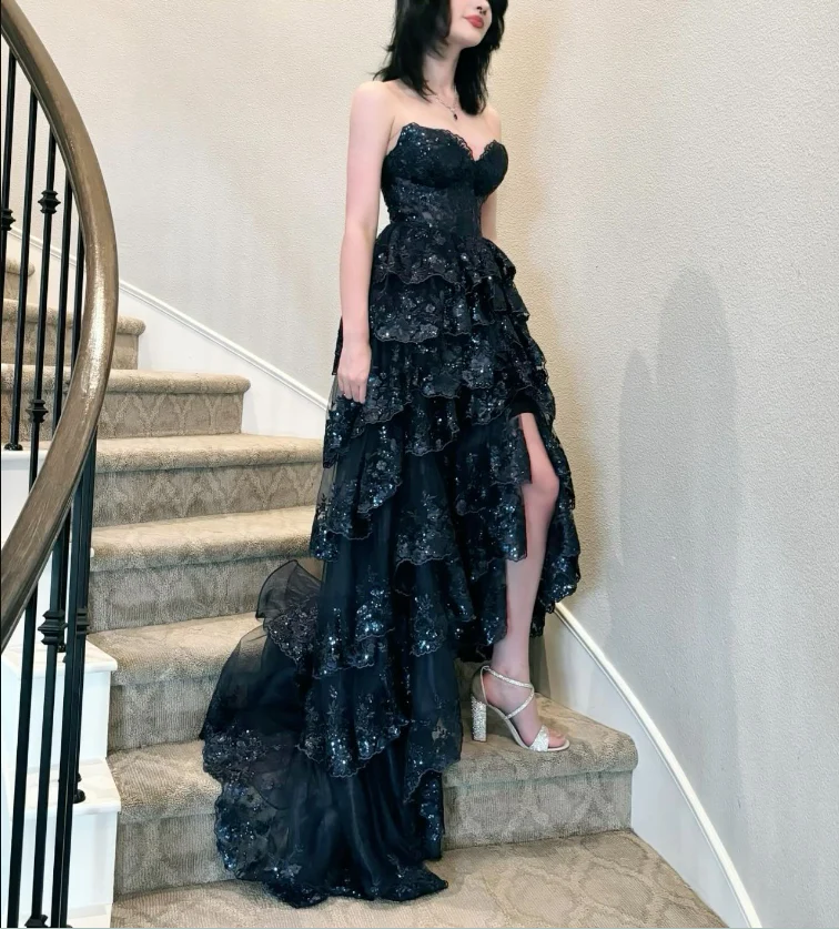 Navy Blue A-Line Strapless Multi-Layers Sequins Long Prom Dress Slit Evening Dress - VelvetHem