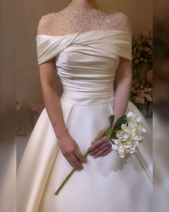 Stunning White A-line Satin Wedding Dress,White Bridal Gown - VelvetHem