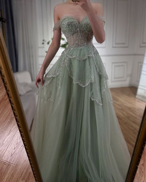 Off The Shoulder Tulle Beaded Evening Dress,Shiny Sage Green Prom Party Dress