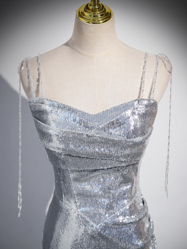 Charming Silver Mermaid Sequins Spaghetti Straps Pleated Prom Dress Long Party Dress - View 2 | VelvetHem