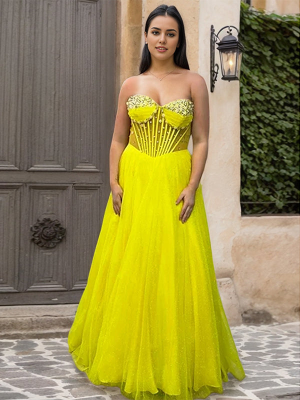 Yellow A Line Sweetheart Long Corset Prom Dress - VelvetHem