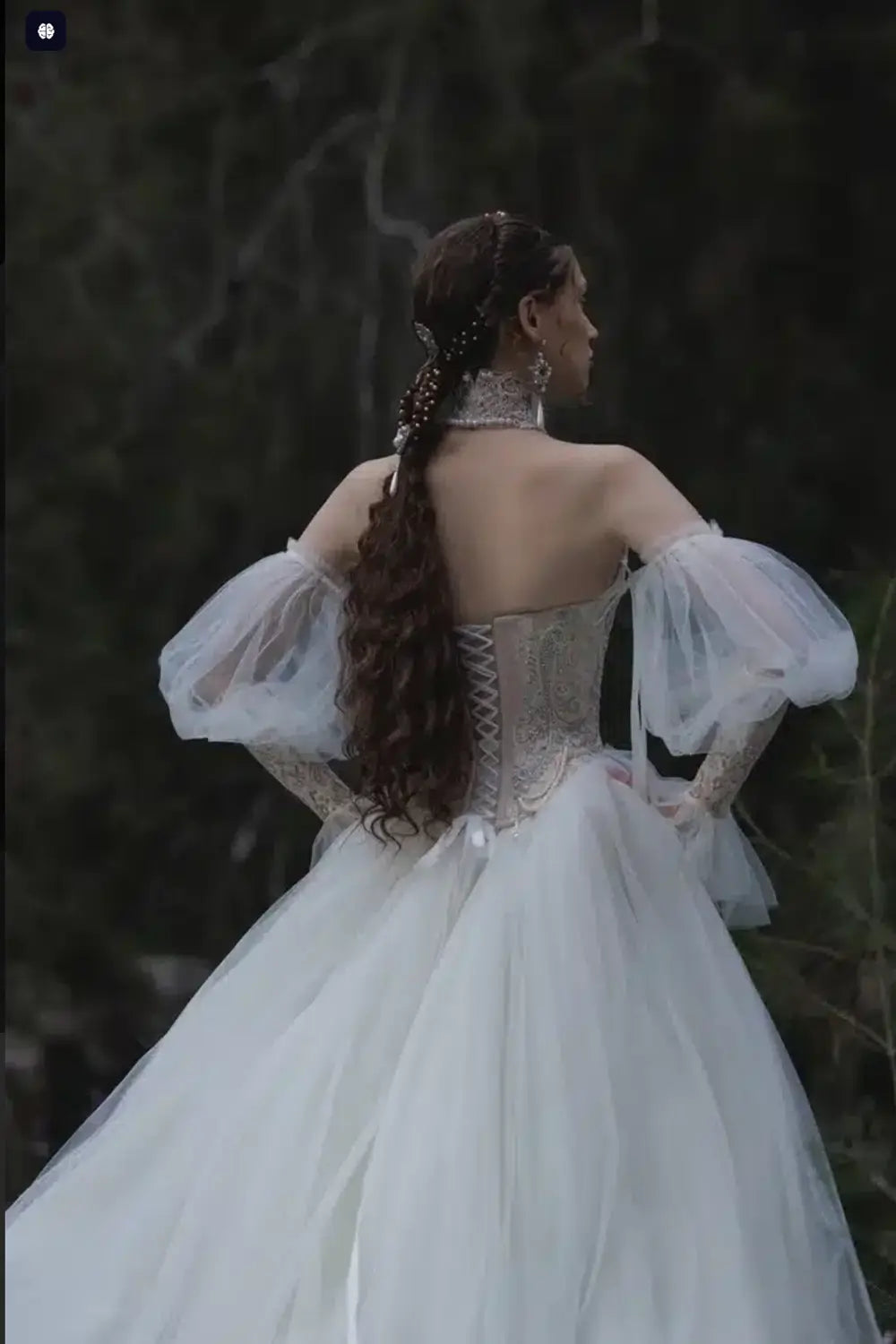 White Draped Pearl Tulle Ball Gown Bridal Dress with Puff Sleeves ZP205