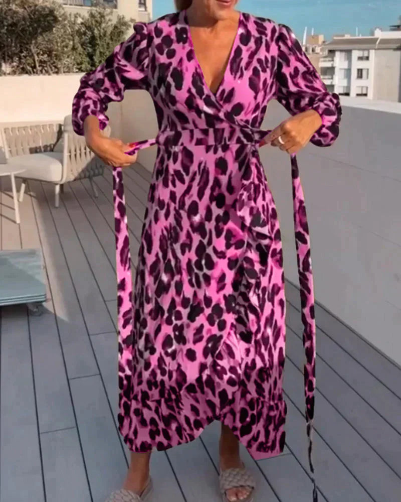 Exuperancia V-neck Leopard Print Dress for Women Weekend Casual Style