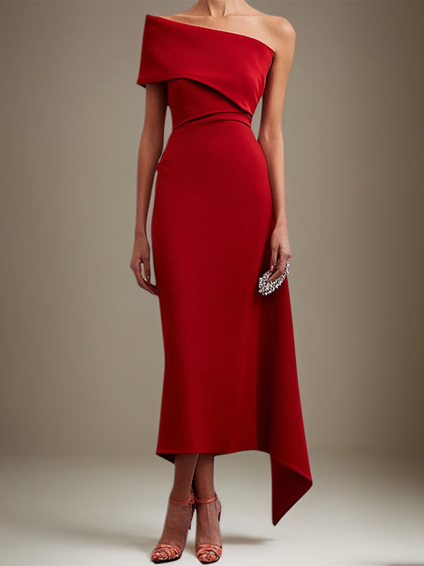 Cocktail Party Dress One Shoulder Red Ankle Length Dress - VelvetHem