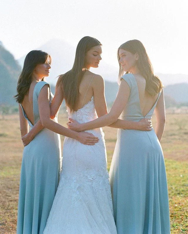 Simple A Line Satin V Neck Blue Sleeveless Long Bridesmaid Dresses