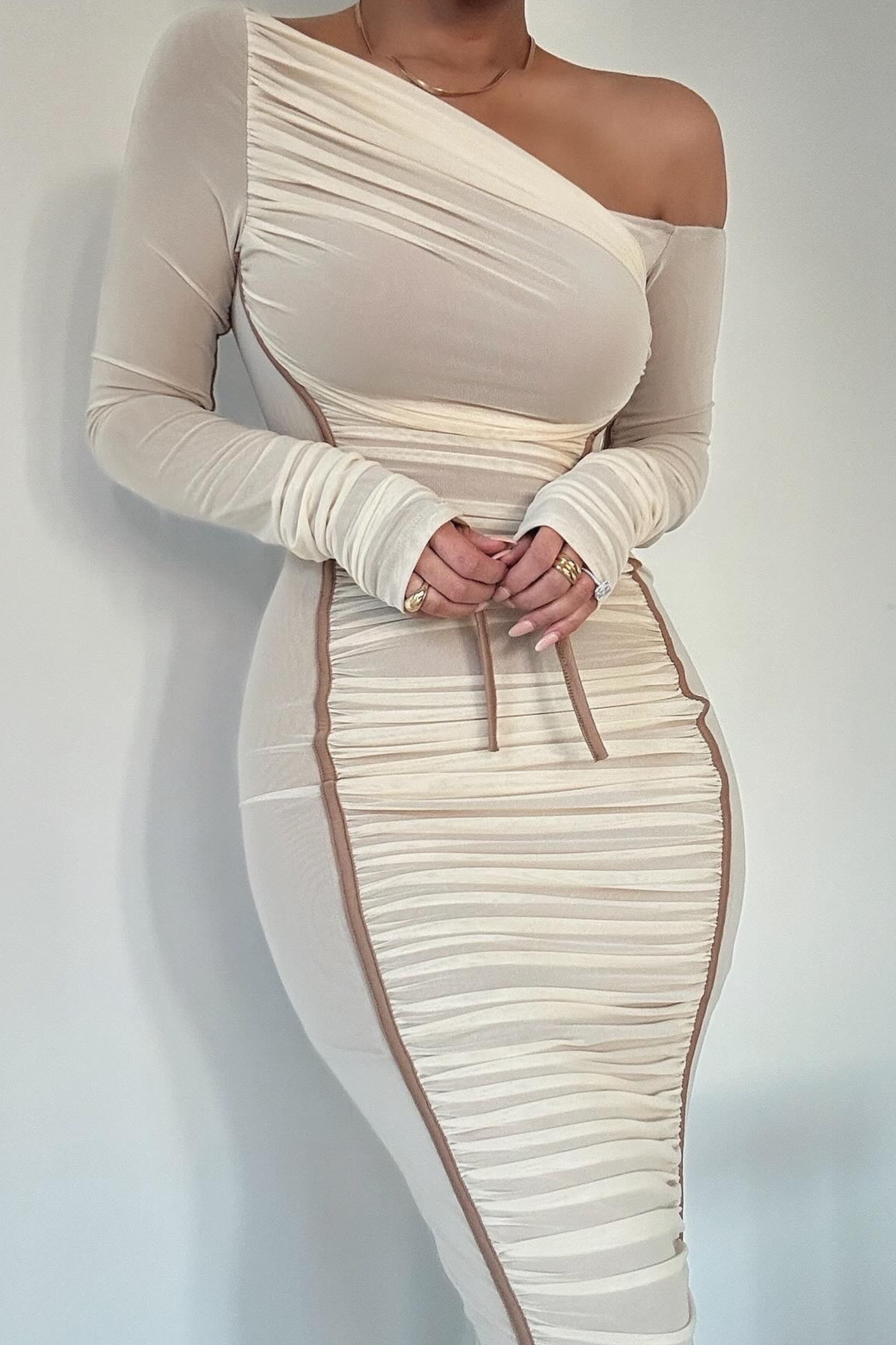 Amelisse - Off - Shoulder Two - Layer Mesh Midi Dress
