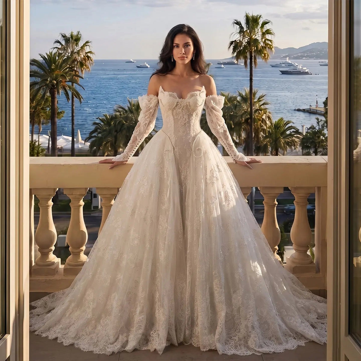 Off White Luxury Ball Gown Wedding Dress Beaded With Veil ZP035 - VelvetHem