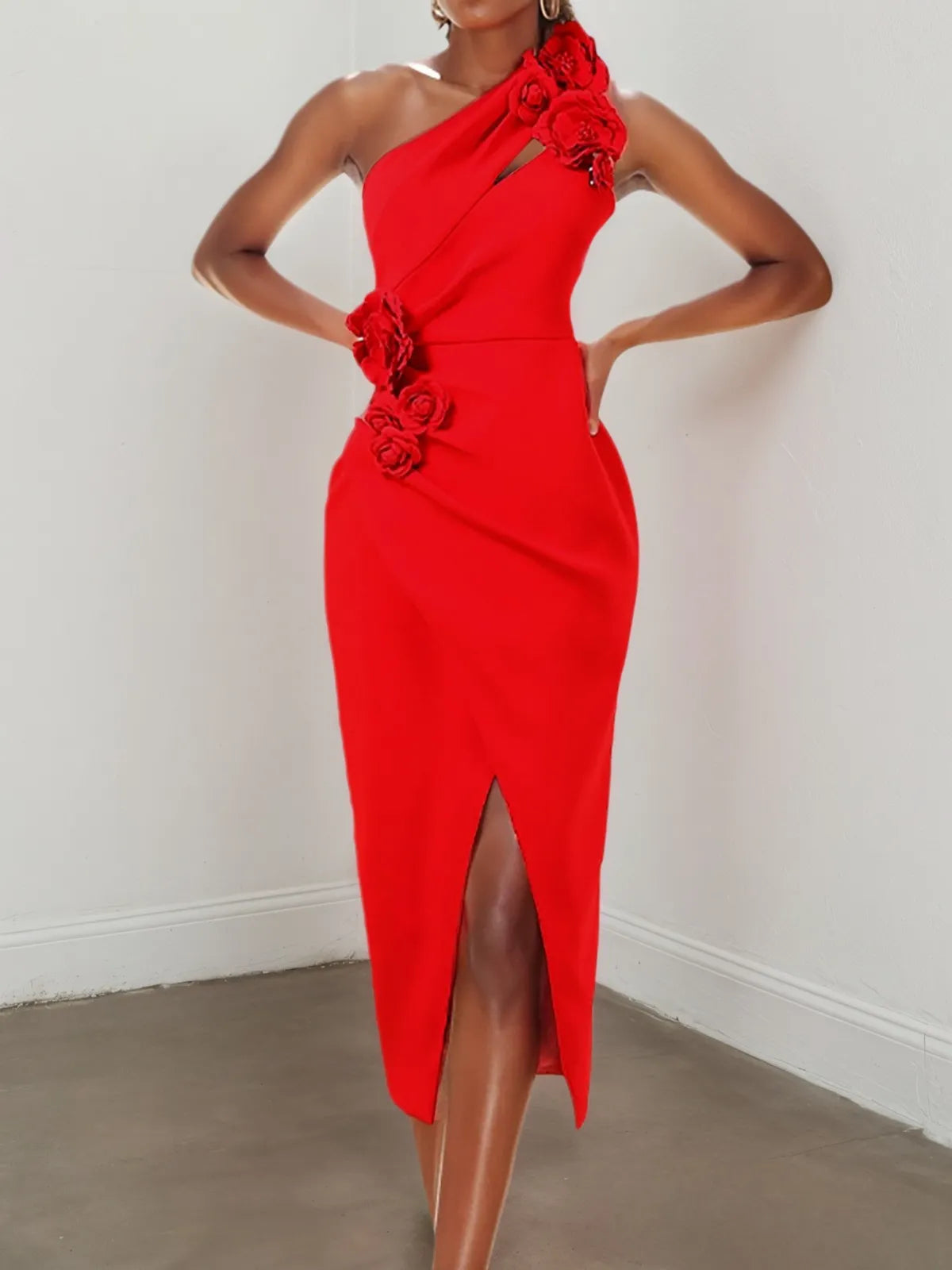 Red 3D Floral One-Shoulder Sheath Midi Dress - VelvetHem