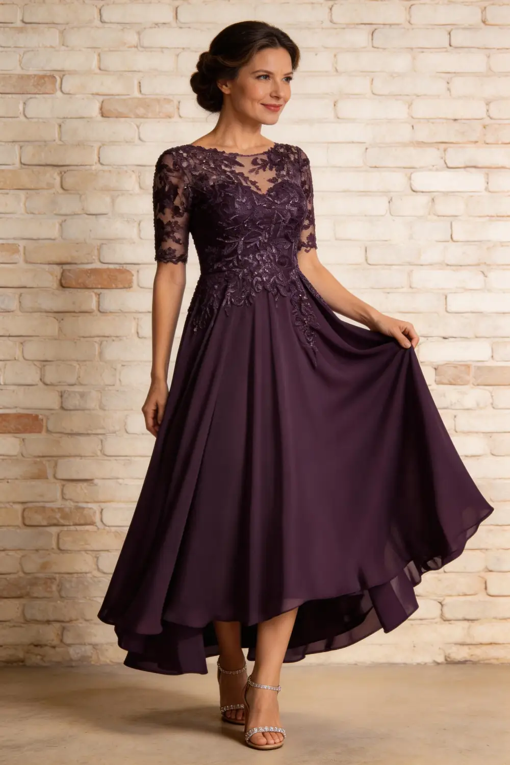 Plum Purple Lace Chiffon High Low Mother Of The Bride Dress (ZD17164)
