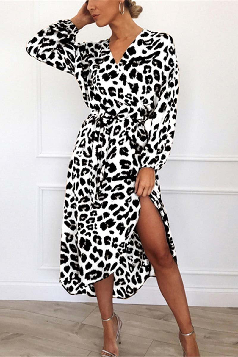 Lucia Minimalist V Neck Midi Dress with Leopard Print Waistband Elevated Occasion Wear