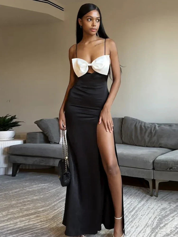 TARUXY Side Slits Slim Dresses For Women Birthday Elegant Bow Splice Sundress Ladies Sexy Backless Beach Women's Evening Dress