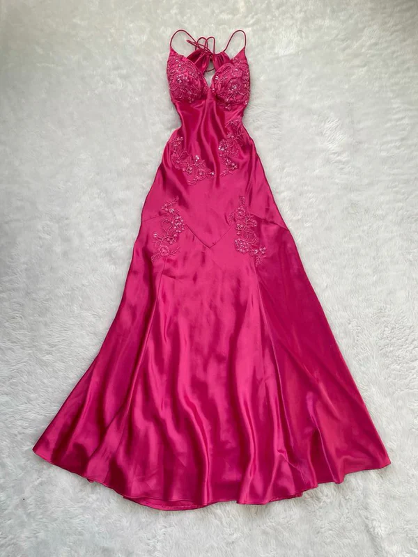 Charming Hot Pink Satin Beaded Prom Dress Evening Gown - VelvetHem