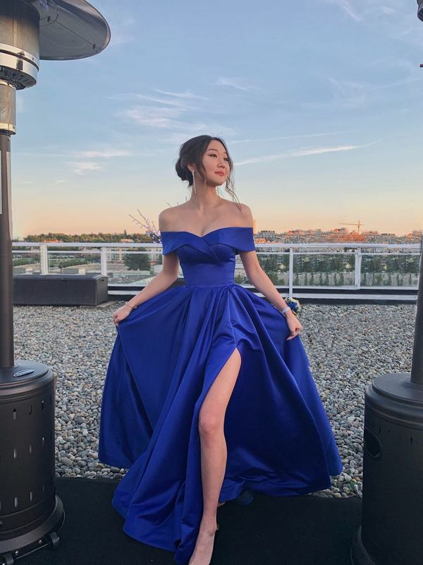 Sexy Off The Shoulder Slit A Line Evening Dress Royal Blue Prom Party Dress