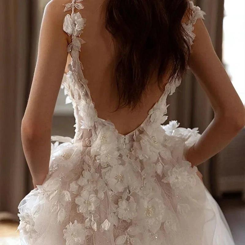 Sexy Backless Wedding Dresses For Woman V Neck Appliques Bridal Gowns Bohemian Princess Customize Tulle Vestidos (ZD13397)