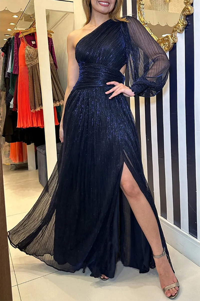 Elegant Solid Slit Sequined Oblique Collar Evening Dress Dresses - VelvetHem