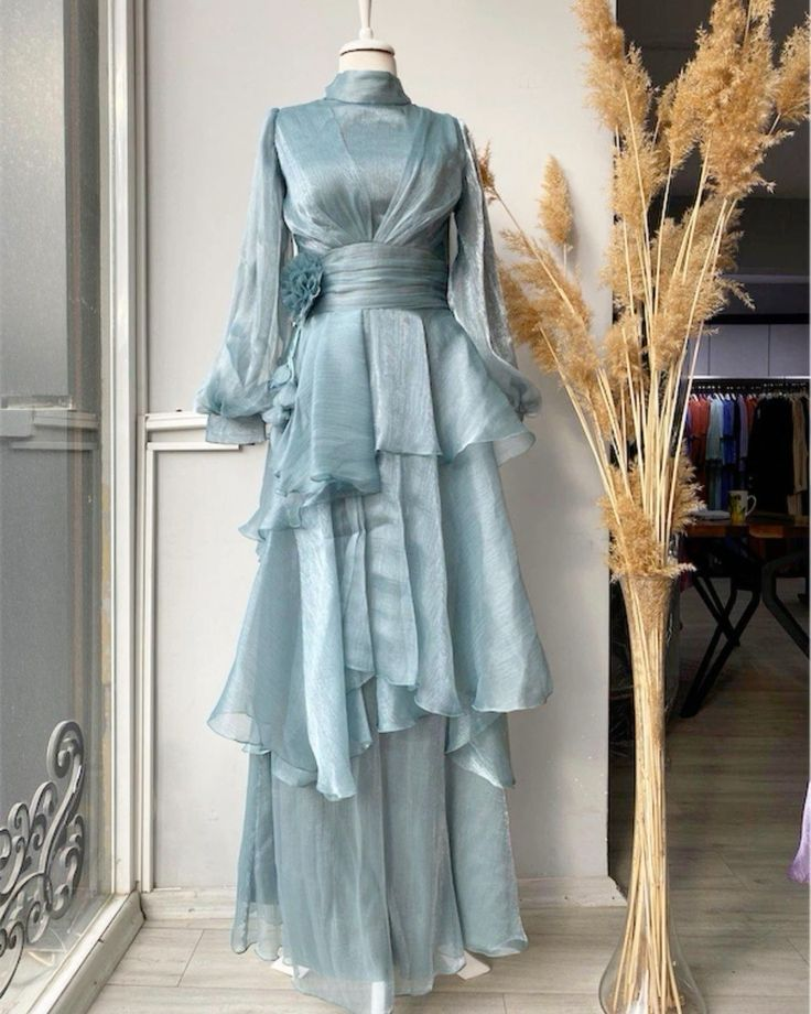 Blue Modest Long Sleeves Multi Layered Prom Dress A Line Party Dress - VelvetHem
