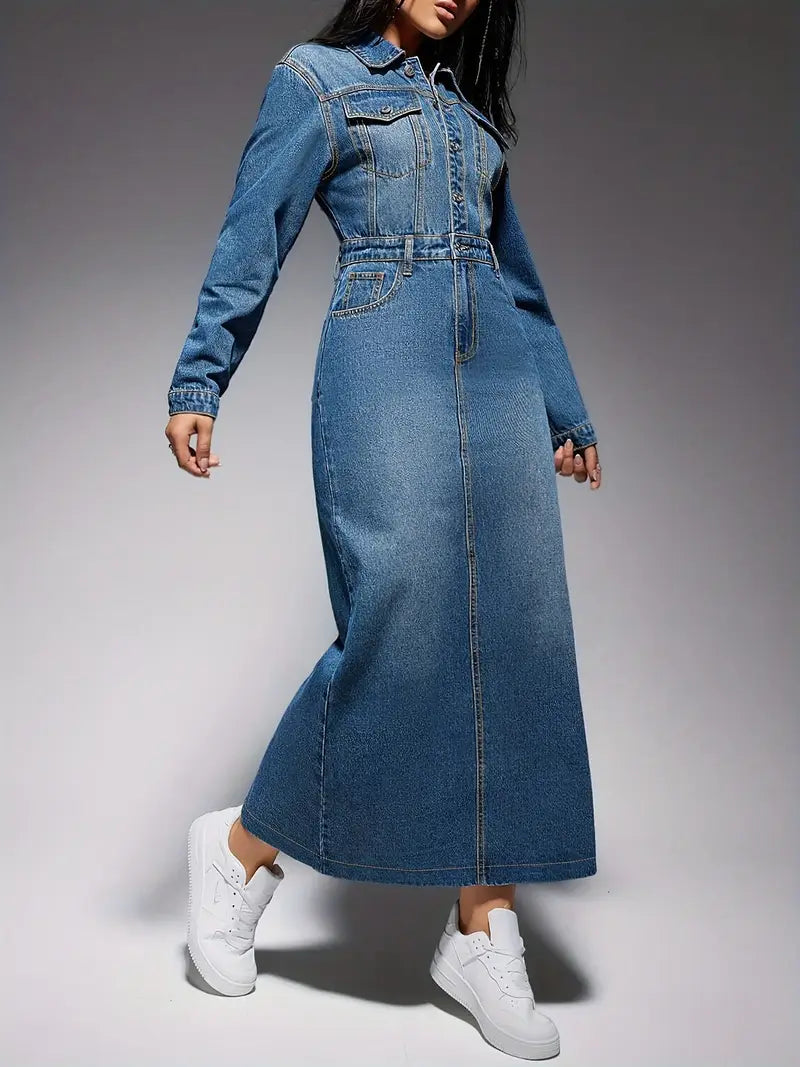 Zola Statement Long Sleeved Denim Maxi Dress Chic Silhouette Collection
