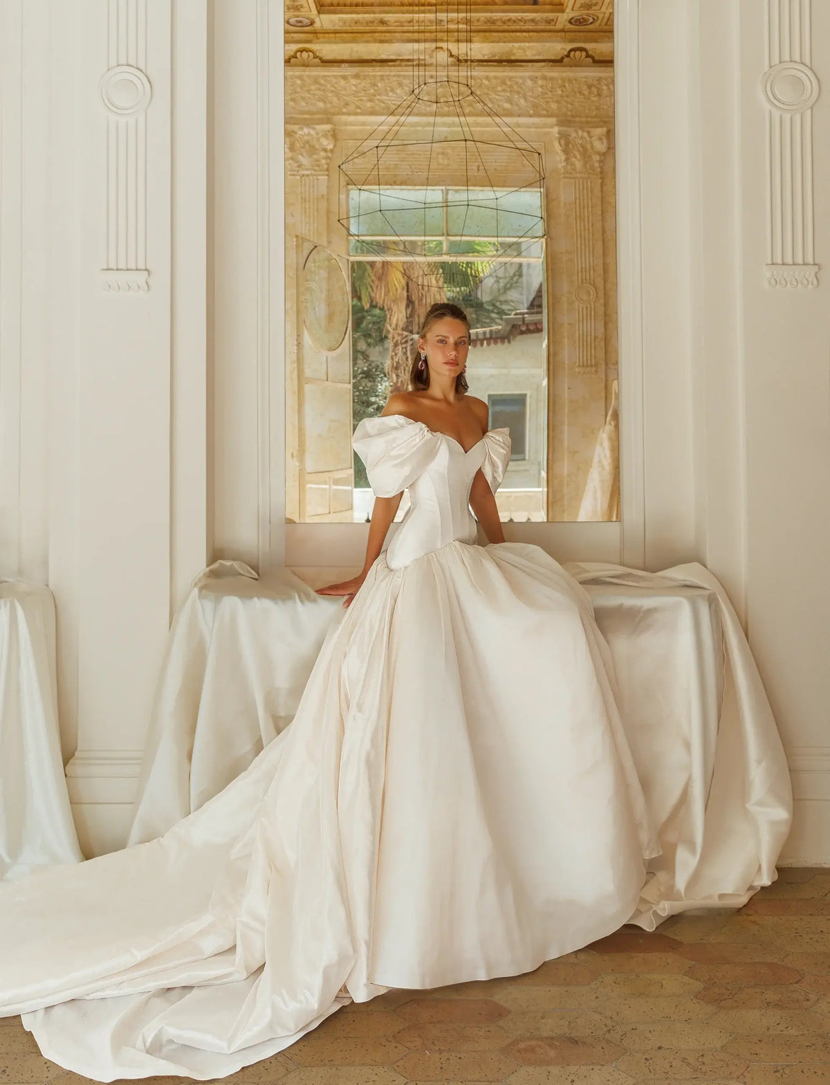 Romantic White Satin Off-the-Shoulder Puff Sleeve Ball Gown Wedding Dress ZP113