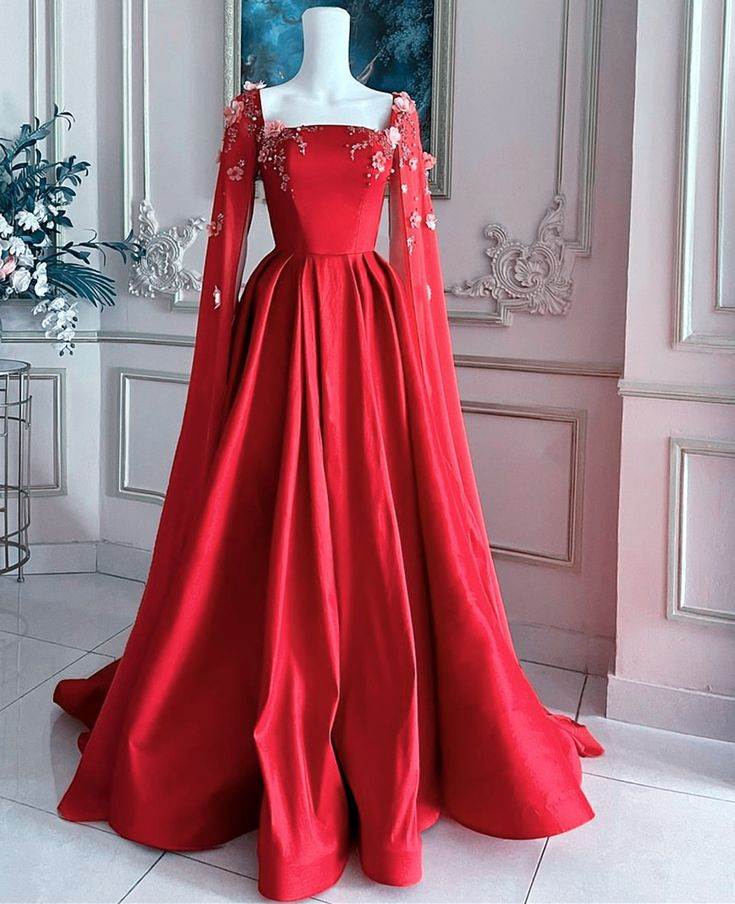Luxurious Red Satin Appliques Long A Line Evening Dress Formal Prom Dress With Cape - VelvetHem