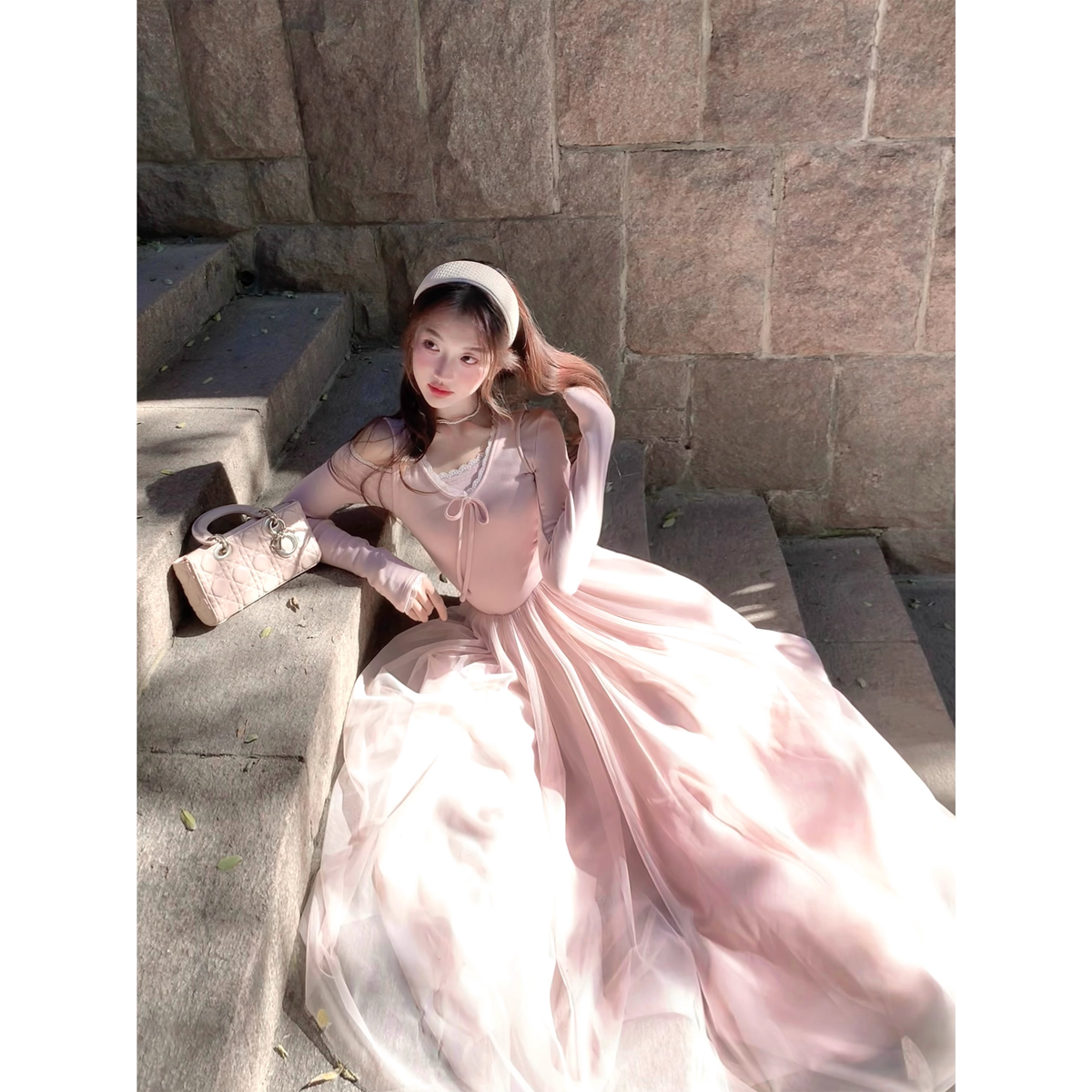 Ballet-inspired pink knitted mesh dress French-inspired inner layer. A27 - VelvetHem