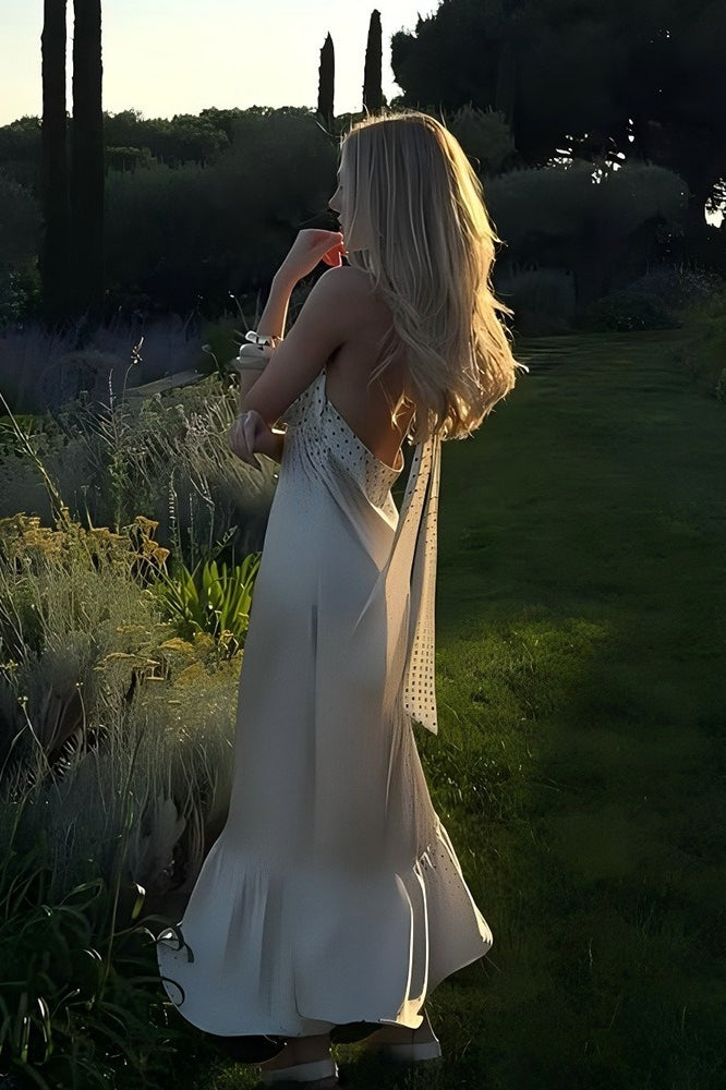 Polka Dot Backless Satin Maxi Dress - VelvetHem