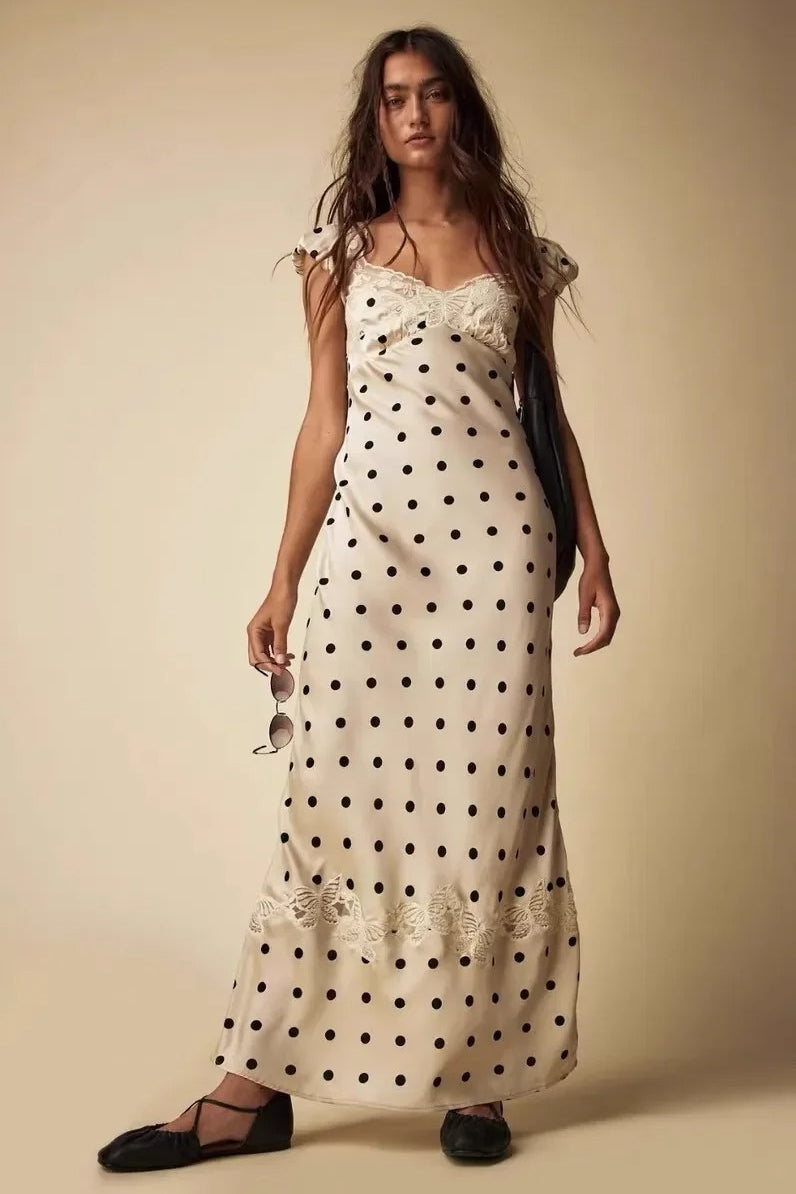 Lace Satin Polka Dot Maxi Dress - VelvetHem
