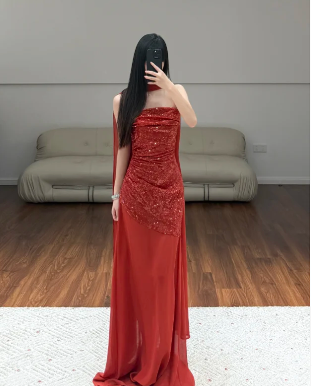 Red Sequin Prom Party Dress Evening Dress Birthday Dress - VelvetHem
