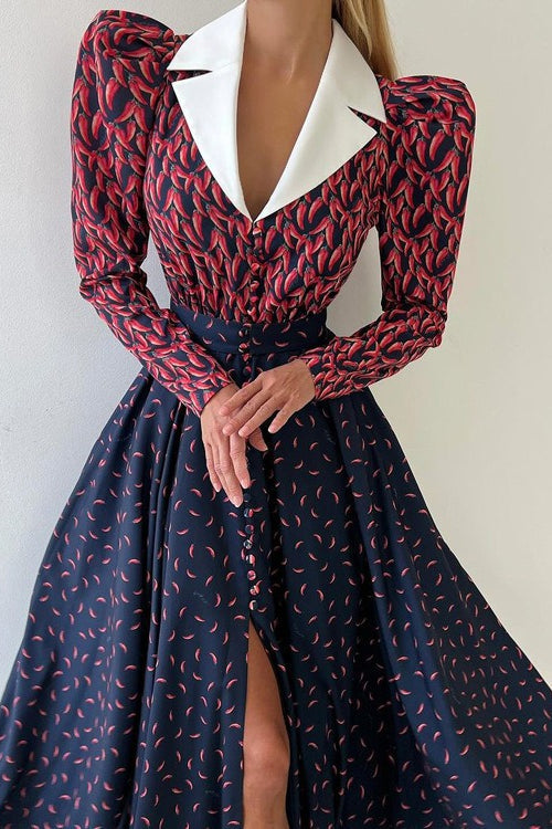 Contrast Collar Long Sleeve A Line Floral Dress