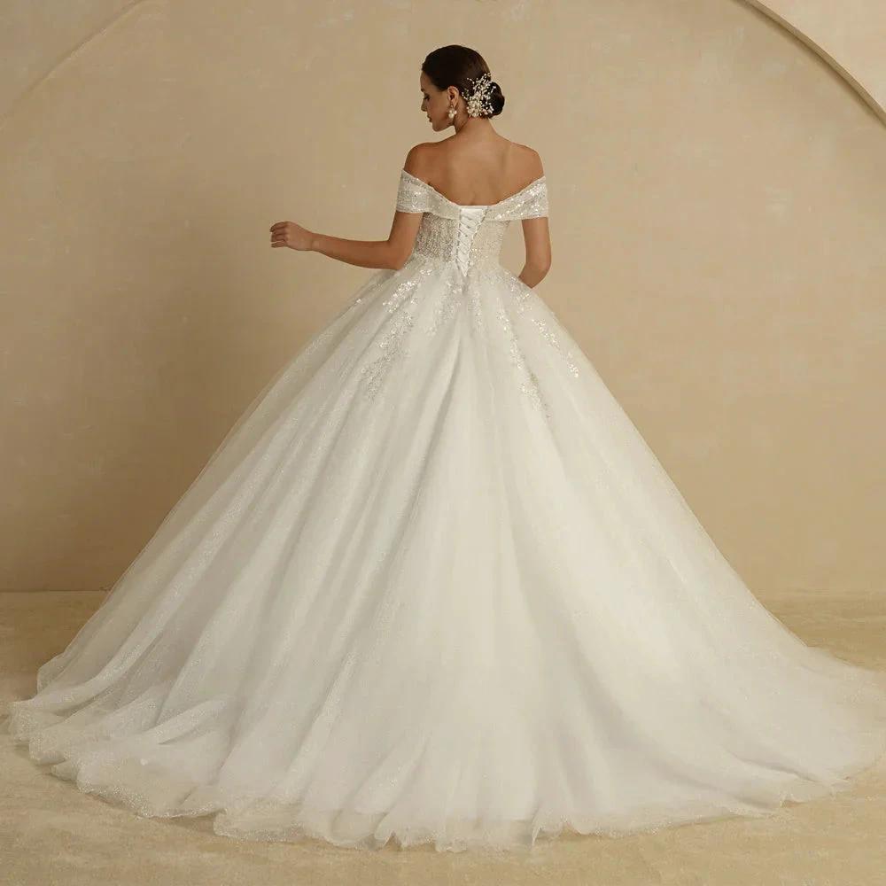Ivory Beading Princess Wedding Dresses For Bride Off The Shoulder Sleeveless Women Glitter Ball Bridal Gown Robes (ZD13428)