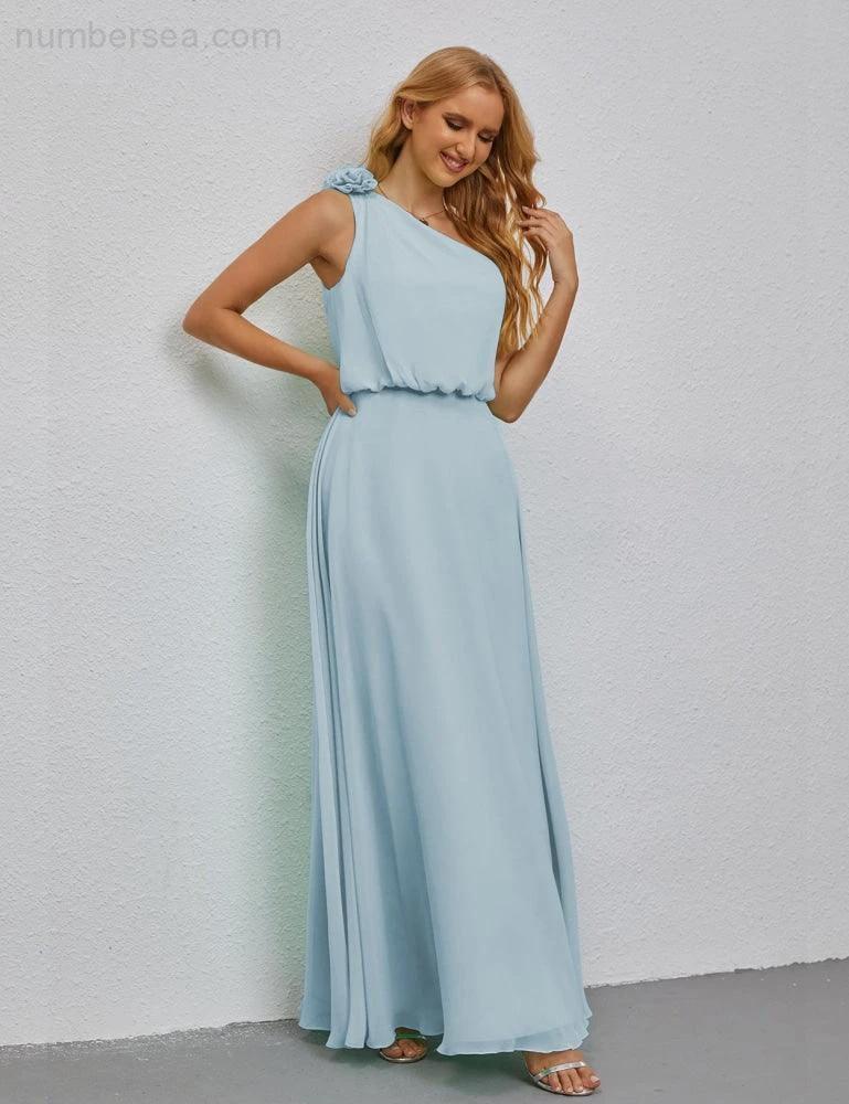 Ruffled One Shoulder Sleeveless Long Bridesmaid Dresses A-line Formal Evening Gown Side Split 28080 (ZD17018)