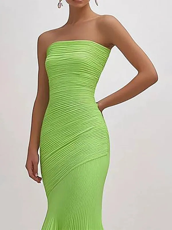 Prom Party Green Dress Strapless Pleated Long Prom Dress - VelvetHem