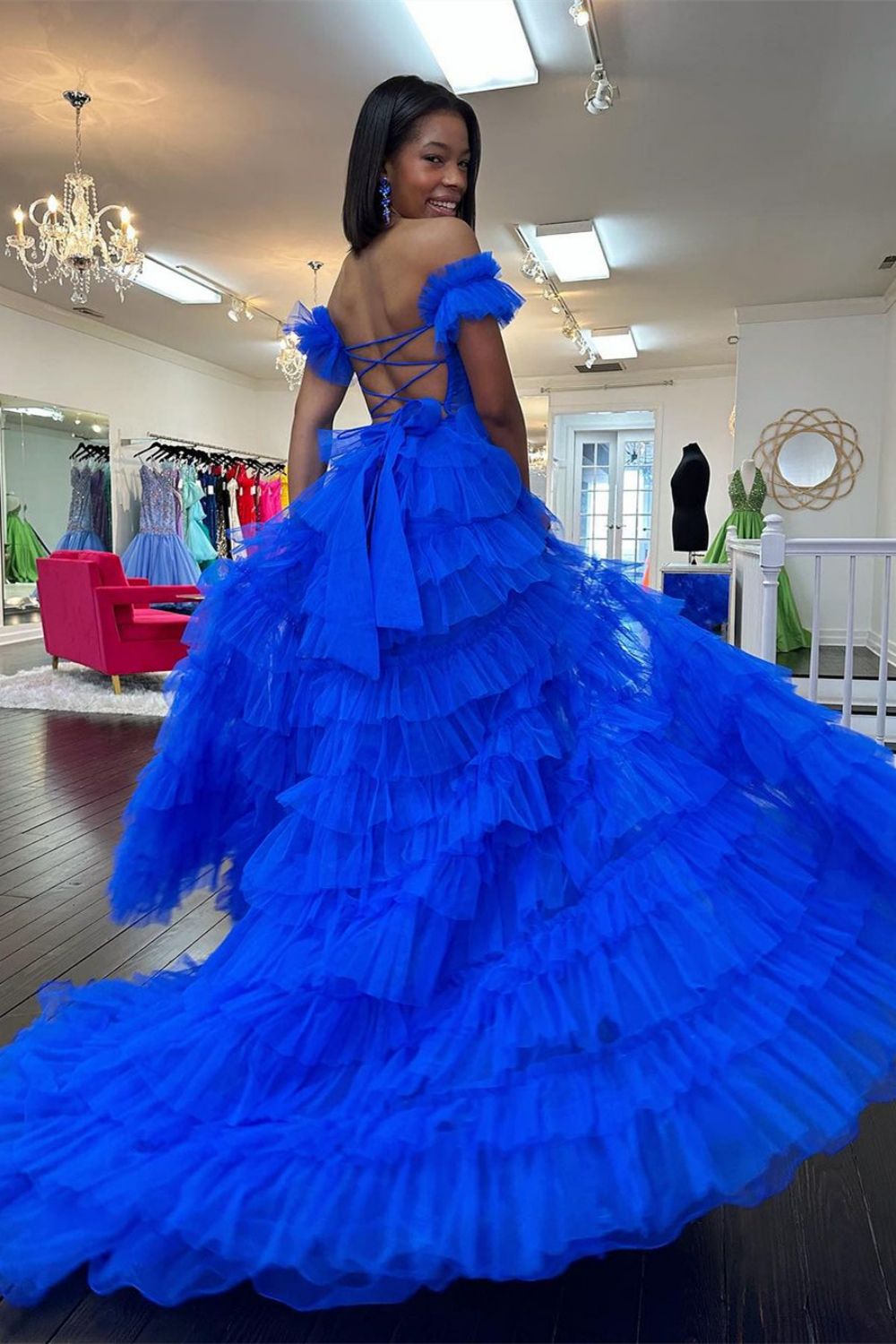 Charming A Line Off the Shoulder Red Corset Prom Dress with Ruffles