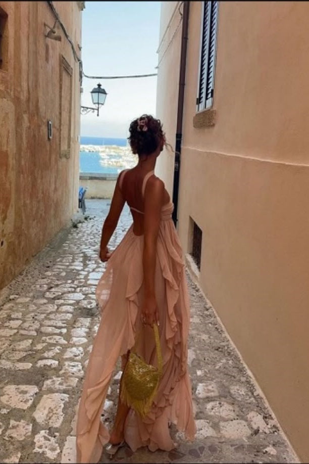 Chic A Line Halter Neck Pink Long Prom Dress with Ruffles