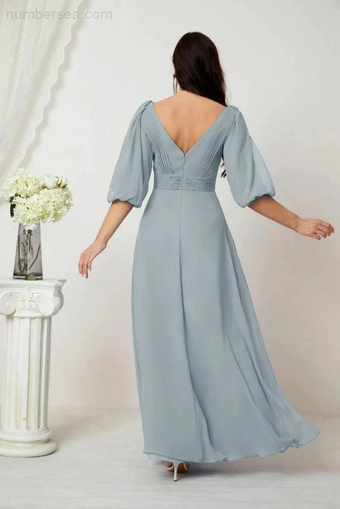 ZapDress Formal Prom Gown Women V-Neck Chiffon Bridesmaid Dresses Long Bishop Sleeve Party Dress 2807 (ZD17027)