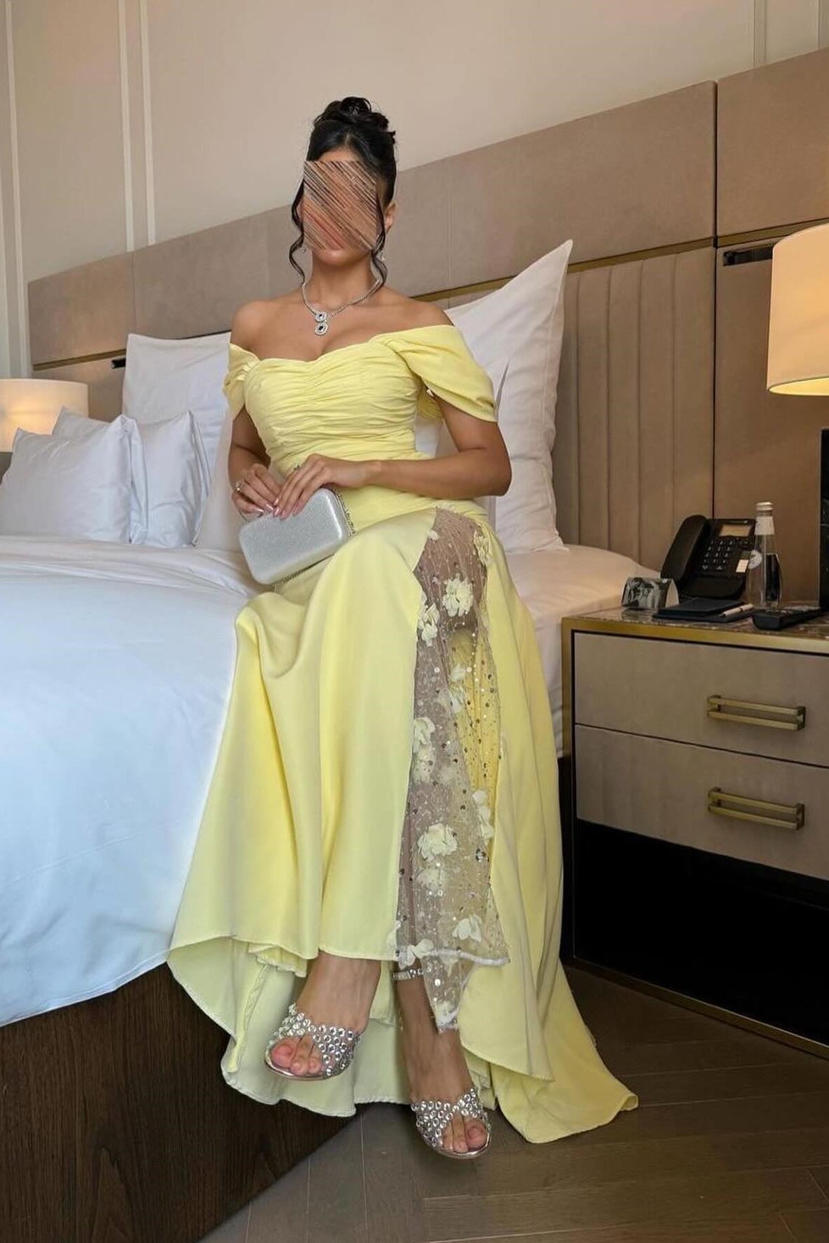 Elegant Mermaid Off the Shoulder Yellow Party Dress with Split Front - View 4 | VelvetHem