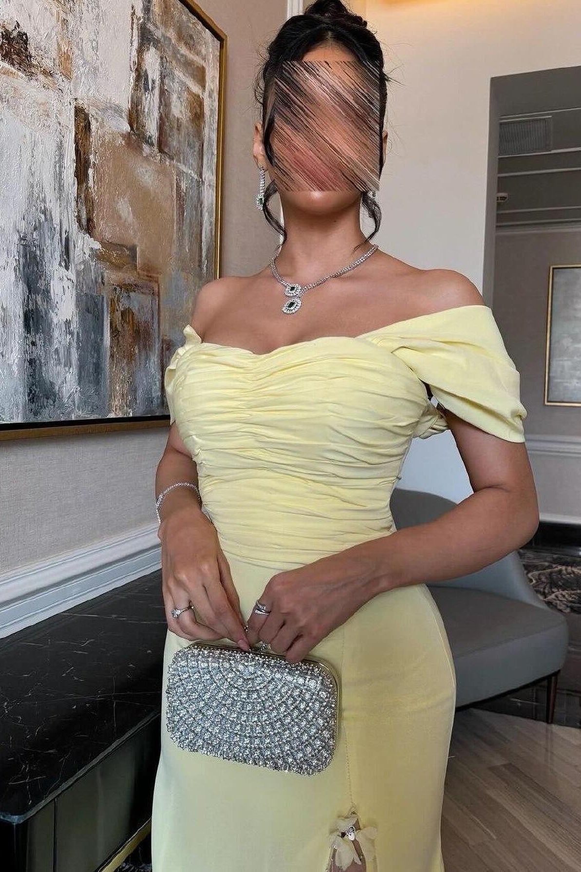 Elegant Mermaid Off the Shoulder Yellow Party Dress with Split Front - View 5 | VelvetHem