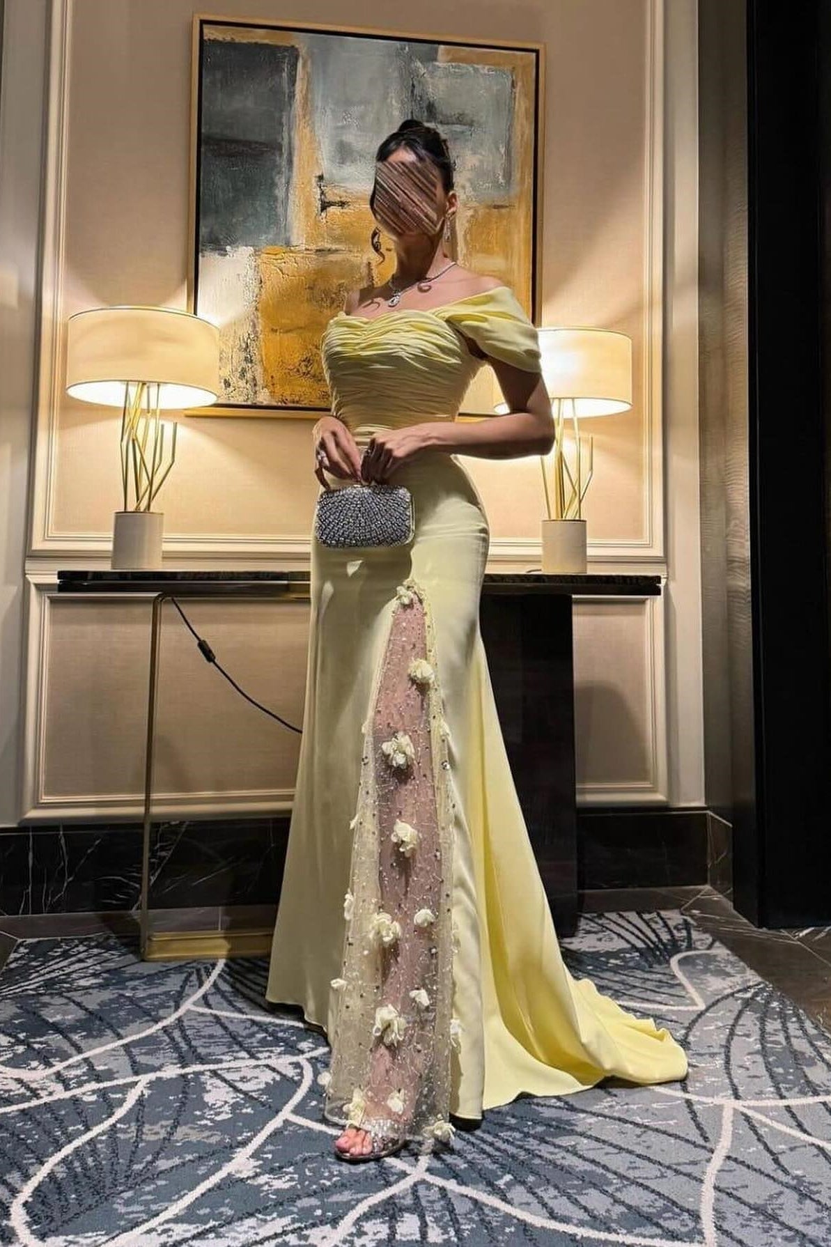 Elegant Mermaid Off the Shoulder Yellow Party Dress with Split Front - View 3 | VelvetHem