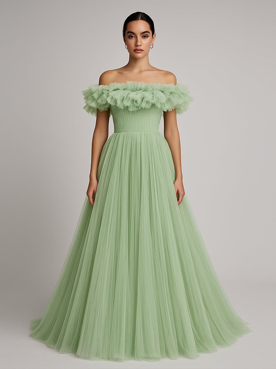 Off Shoulder Pleated Tulle A Line Long Formal Dress with Ruffles - VelvetHem