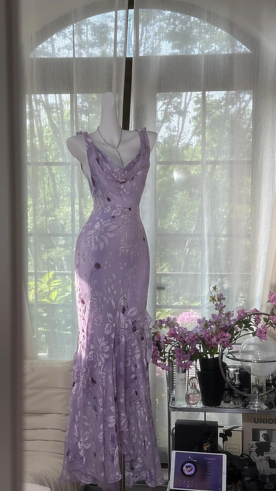 Elegant Purple Mermaid Printed Boat Neck Chiffon Long Prom Dress Evening Dress - VelvetHem