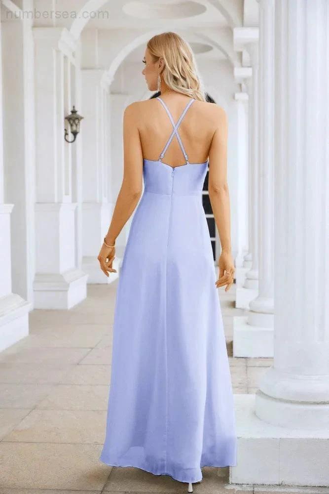 Ladies Chiffon Spaghetti Strap V Neck Front Slit Floor Length Bridesmaid Evening Dress Prom Party Wedding Evening Dress 28116 (ZD17012)