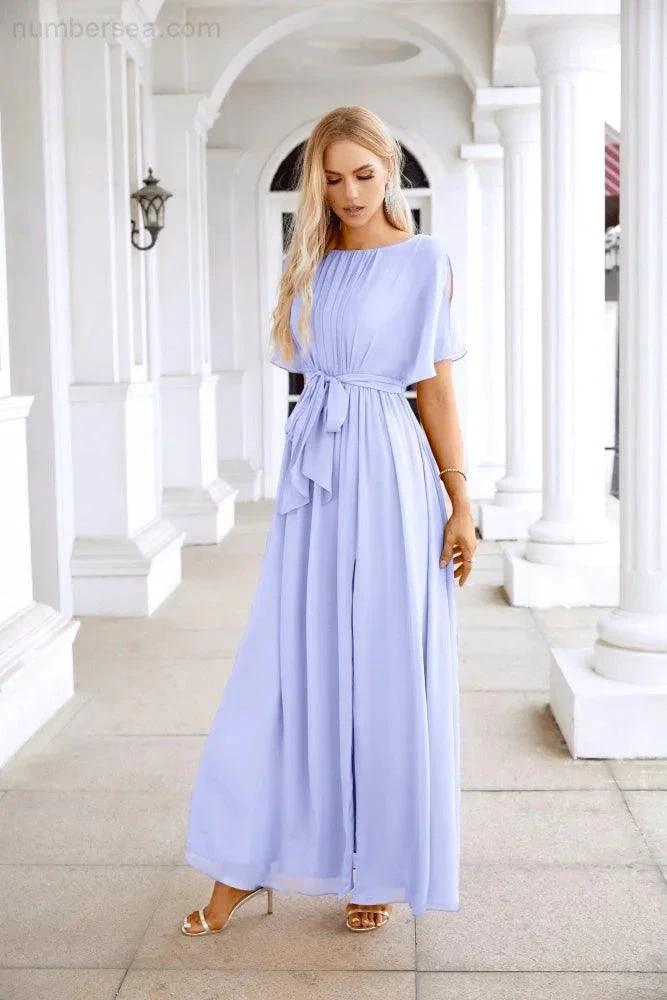 Ladies Chiffon Sleeve Crew Neck Front Slit Floor Length Bridesmaid Evening Dress Wedding Party Evening Dress 28124 (ZD17007)