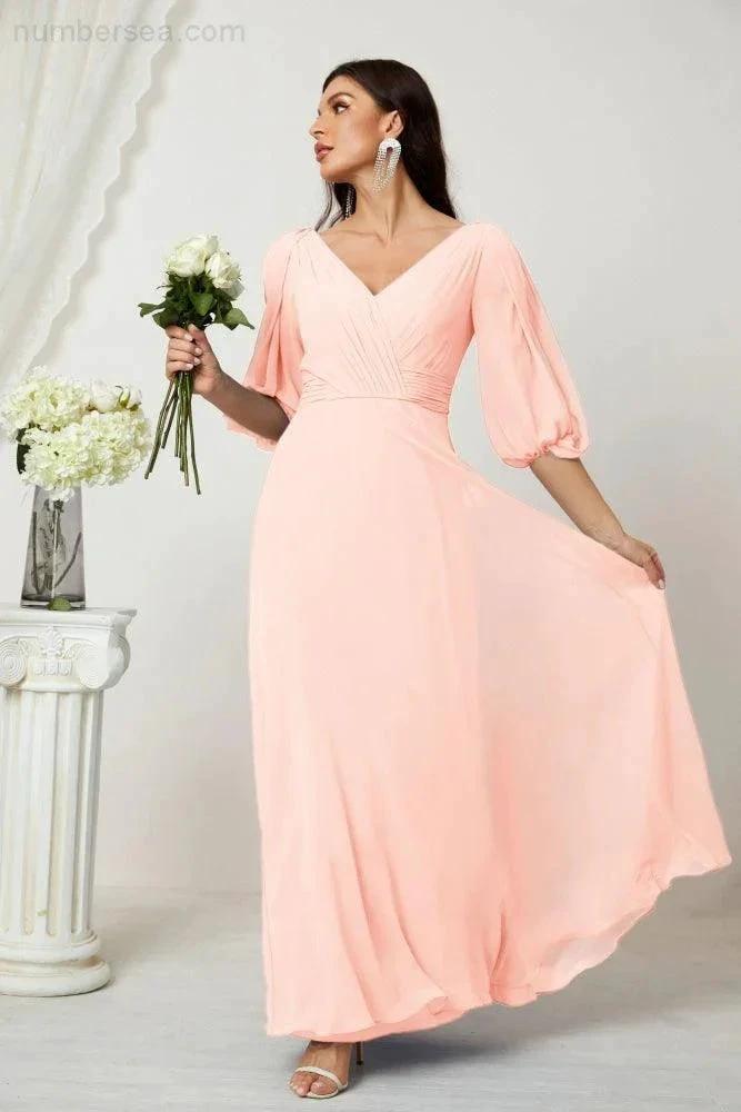 ZapDress Formal Prom Gown Women V-Neck Chiffon Bridesmaid Dresses Long Bishop Sleeve Party Dress 2807 (ZD17027)