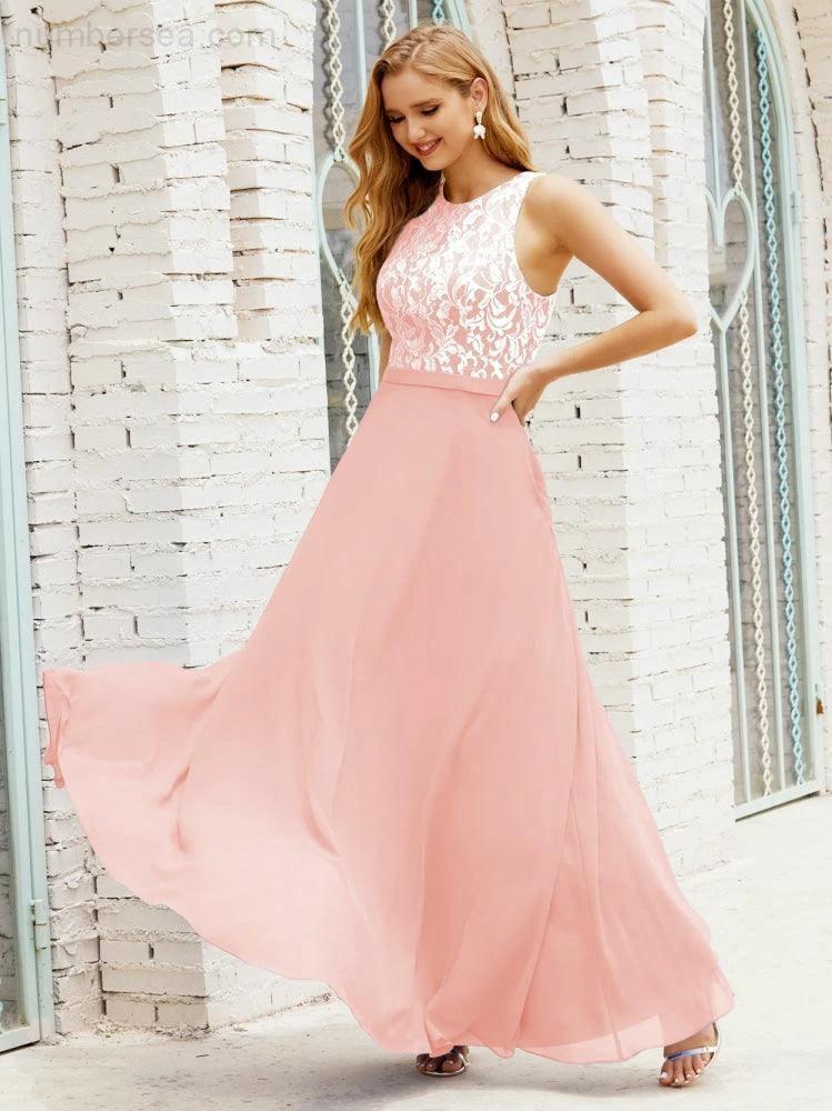 Lace Bridesmaid Dress Floor Length Evening Gowns with Pockets 28017 (ZD16964)