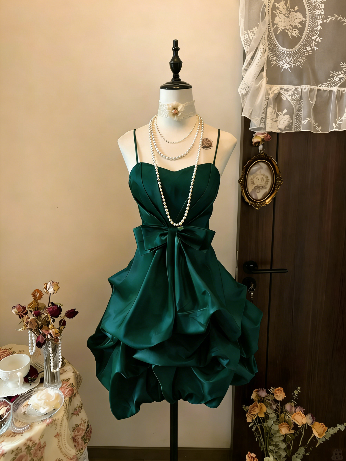 Vintage Yellow Spaghetti Straps Satin Pleated Short Prom Dress Formal Graduation Homecoming Dress - View 8 | VelvetHem